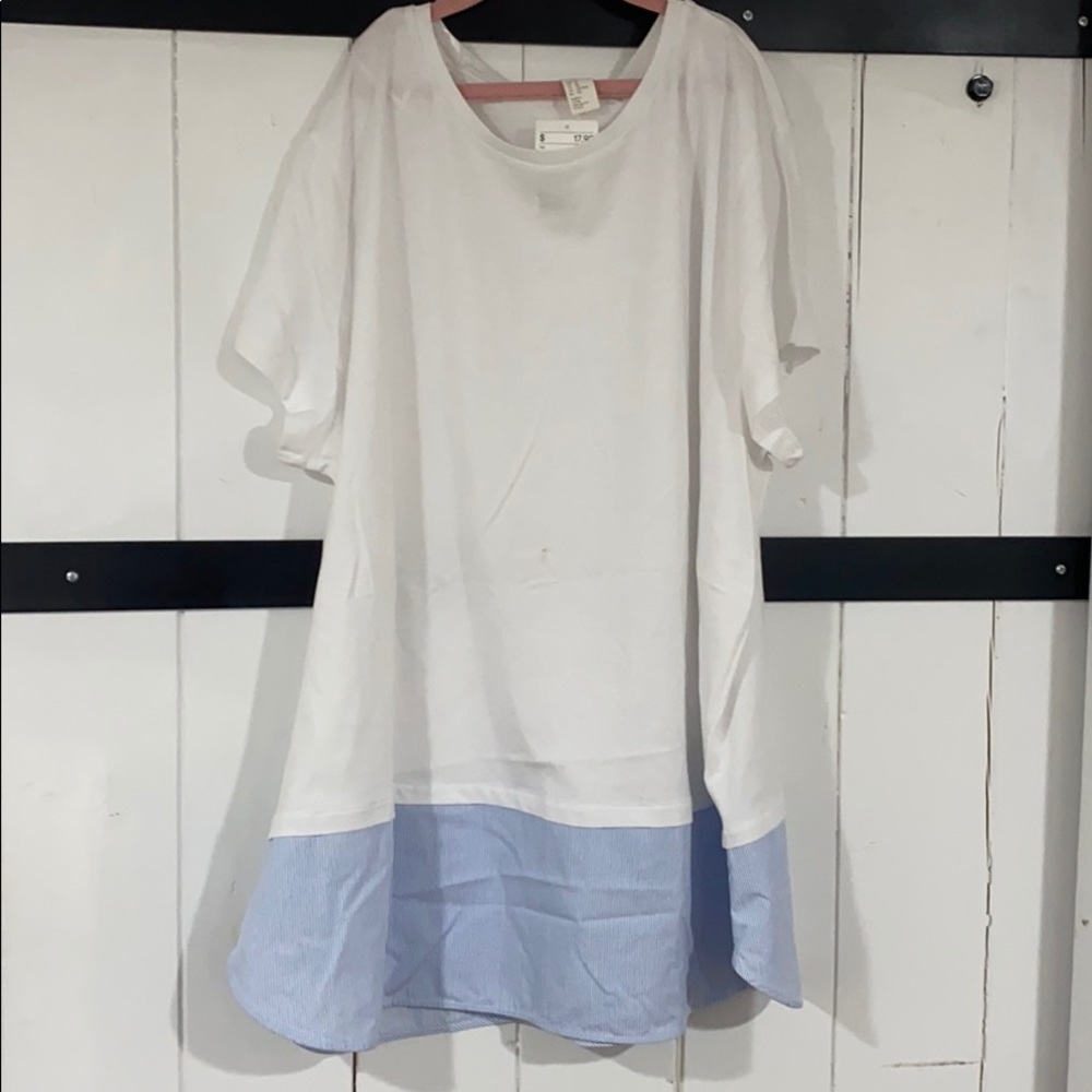 H&M white shirt with blue striped bottom trim